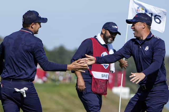 USA's Justin Thomas and Jordan Spieth celebrate on the 16th hole during their  foursomes match against Viktor Hovland and Bernd Wiesberger at Whistling Straits Picture: AP/Jeff Roberson