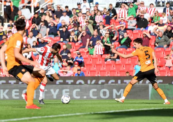 KILLER BLOW: Stoke City's Mario Vrancic (centre left) scores his side's first goal against Hull City at the bet365 Stadium Picture: Anthony Devlin/PA