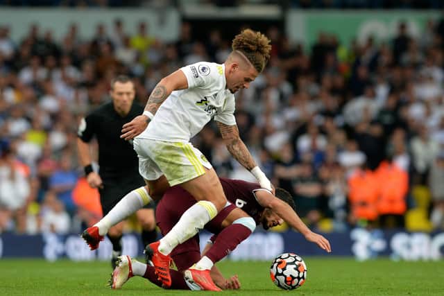 Leeds United's Kalvin Phillips struggled to get the better of England midfield team-mate Declan Rice. Picture Bruce Rollinson
