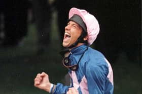 Frankie Dettori celebrates the win of Frankie Dettori celebrates on Fujiyama Crest, the final leg of his 'magnificent seven' at Ascot 25 years ago.