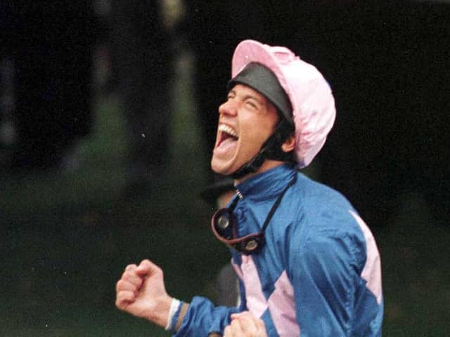 Frankie Dettori celebrates the win of Frankie Dettori celebrates on Fujiyama Crest, the final leg of his 'magnificent seven' at Ascot 25 years ago.
