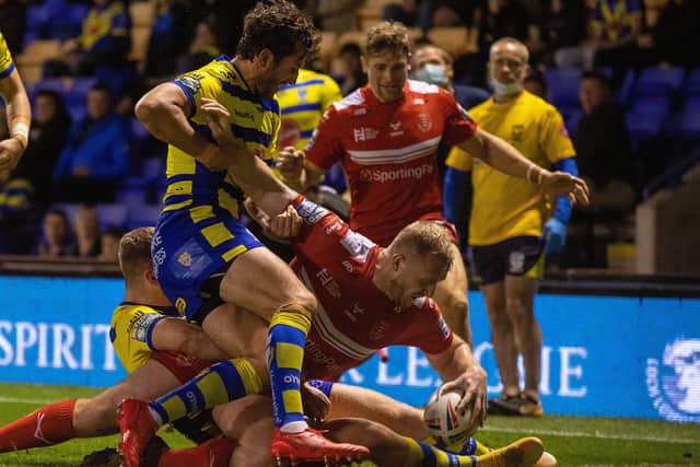 Jordan Abdull crosses to give Hull KR the lead in the play-offs at Warrington (Picture: Bruce Rollinson)