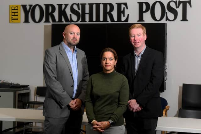 Judging of the Excellence in Business Awards, Yorkshire Post Newspapers Offices, Leeds. Pictured from the left are Alex Golledge, Pervinder Kaur and Mark Casci.