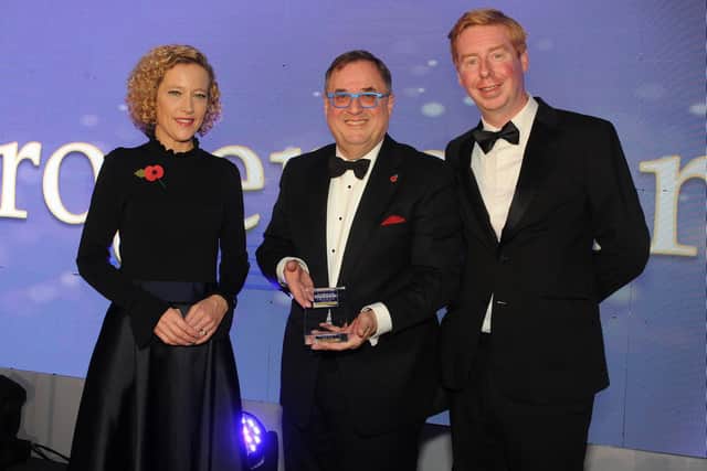 Photo from the 2019 event in which Leeds City Region LEP chair Sir Roger Marsh received the Lifetime Award from Channel 4's Cathy Newman and Mark Cascui.