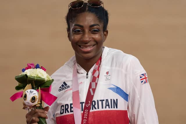 Kadeena Cox celebrates winning Gold in the Women's C4-5 500m Time Trial at Izu Velodrome during day three of the Tokyo 2020 Paralympic Games in Japan. Picture: ParalympicsGB/imagecomms of Great Britain'