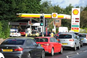 Motorists queue at a Shell garage on Harrogate Road in Alwoodley, Leeds on Monday. Picture: Steve Riding