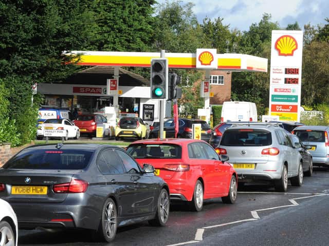 Motorists queue at a Shell garage on Harrogate Road in Alwoodley, Leeds on Monday. Picture: Steve Riding