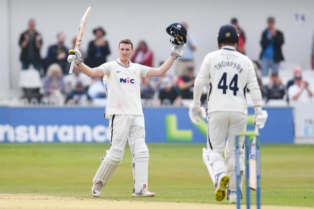 Yorkshire's Harry Brook celebrates his century against Somerset. Picture: Will Palmer/SWpix.com