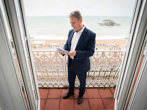 Labour leader, Sir Keir Starmer prepares his Labour Party conference speech in his hotel room in Brighton before addressing delegates tomorrow for the first time since becoming leader of his party in 2020 (PA)