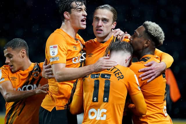 GET IN: Hull City's Tom Eaves celebrates scoring the hosts' equalising goal against Blackpool at the MKM Stadium, Hull. Picture: Mike Egerton/PA