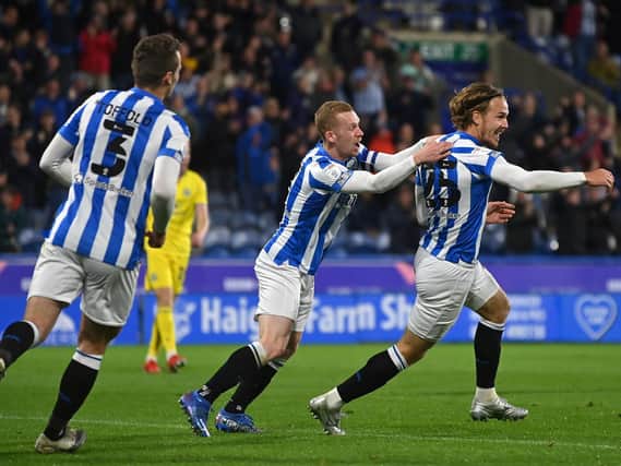 Two-goal Danny Ward celebrates one of his goals for Huddersfield Town against Blackburn Rovers. Picture: Bruce Rollinson.