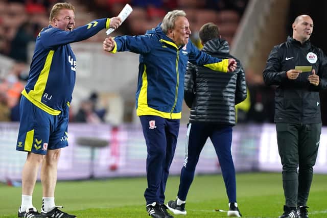 Animated: Middlesbrough manager Neil Warnock, right and assistant Ronnie Jepson during the win over Sheffield United. Picture: Owen Humphreys/PA Wire.