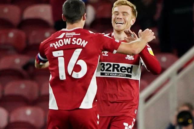 Great start: Middlesbrough's Duncan Watmore (right) celebrates scoring his side's excellent opener with captain Jonny Howson. Picture: Owen Humphreys/PA Wire.