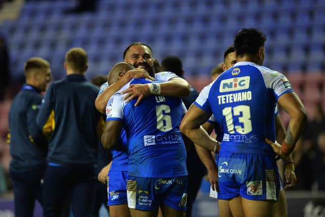 TOP NOTCH: Leeds Rhinos' Konrad Hurrell and Robert Lui celebrate at the end of the win over Wigan Warriors last Friday.
 Picture: Jonathan Gawthorpe