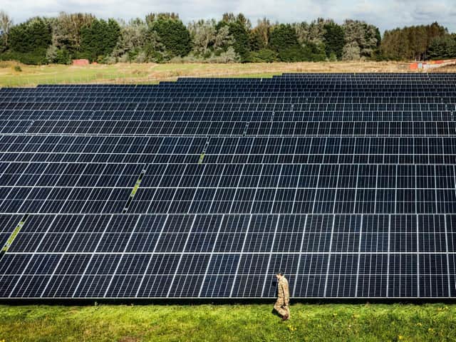 Major David Owen walks through a field of solar panels at the opening of the British Army's first ever solar farm