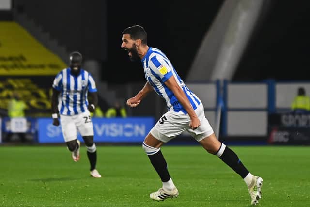 Alex Vallejo celebrates scoring Huddersfield Town's opening goal against Blackburn Rovers at the John Smiths Stadium on Tuesday.
 Picture: Bruce Rollinson