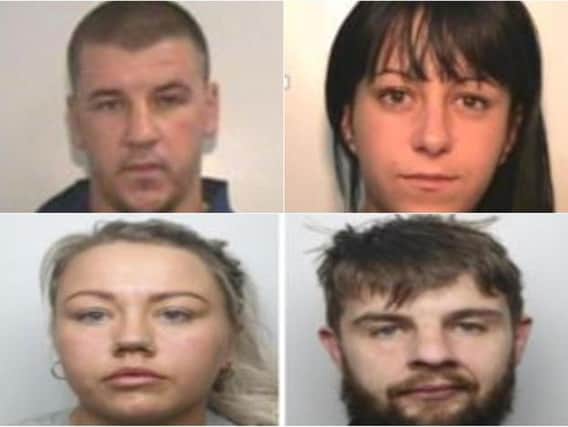 Prison officer Rio Moran (bottom left) was part of a gang caught smuggling drugs into Doncaster prison. Also found guilty were, from top left, James Millington, Claire Anderson and Callum Reilly.