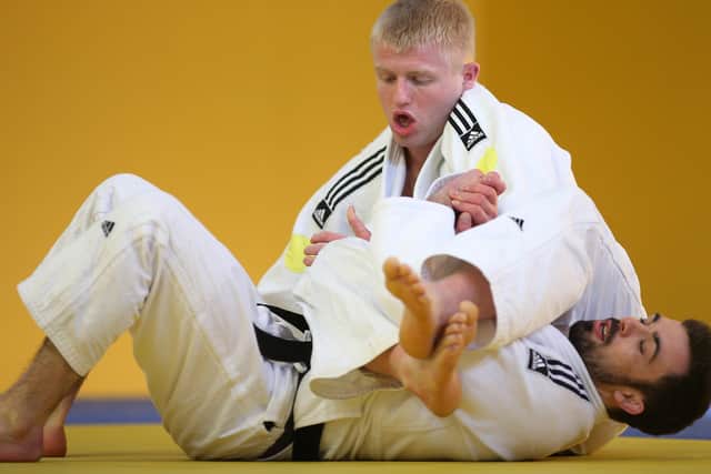 Jonathan Drane (right) and Chris Skelley compete during the announcement of the Rio 2016 Paralympics Judo squa. Picture  David Davies/PA Wire.