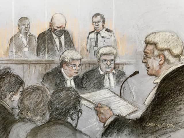 Court artist sketch by Elizabeth Cook of Lord Justice Fulford sentencing former police officer Wayne Couzens at the Old Bailey in London.