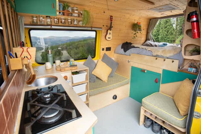 The van features bespoke furniture designed and made by Tom and Caitlin