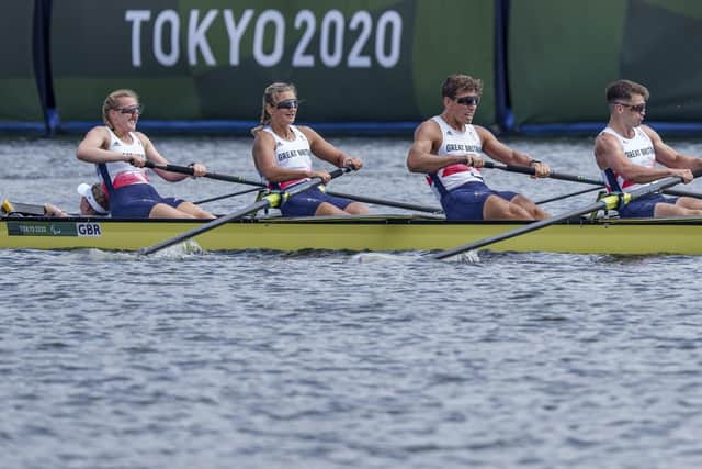 Great Britain's (left-right) Erin Kennedy, Ellen Buttrick, Giedre Rakauskaite, James Fox and Oliver Stanhope go on win the Mixed Coxed Four - PR3Mix4+ at the Sea Forest Waterway during day five of the Tokyo 2020 Paralympic Games in Japan. (Picture: Bob Martin for OIS/PA Wire.
)