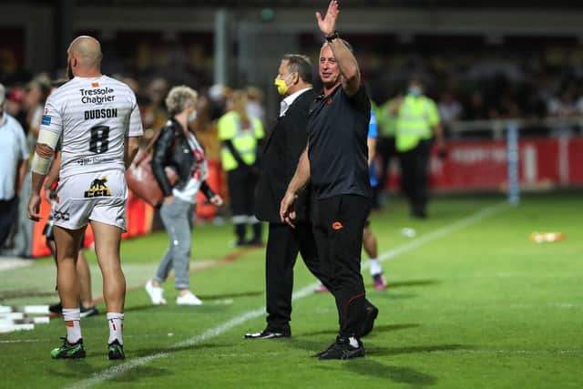 PATIENCE: Catalans Dragons' head coach Steve McNamara celebrates his team's victory over Hull KR on Thursday. Picture by Manuel Blondeau/SWpix.com