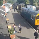 The engine approaching the carriages in an image from Grosmont Station's webcam