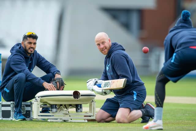 Yorkshire first-team coach Andrew Gale takes part in some catching practice, assisted by Yorkshire physio Kunwar Bansil Picture by Allan McKenzie/SWpix.com