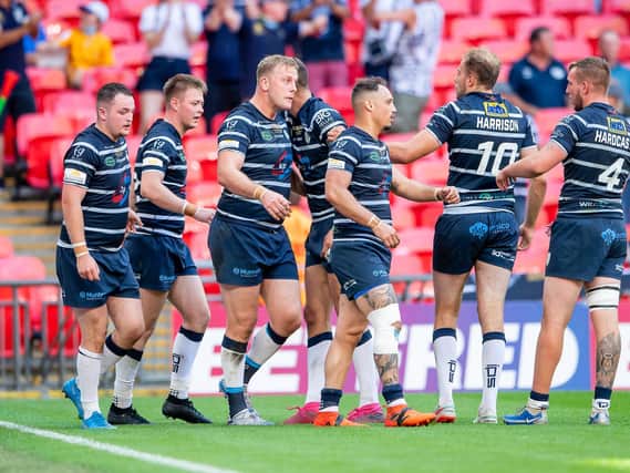 Featherstone Rovers' Craig Kopczak celebrates scoring in the 1895 Cup final win over York City Knights at Wembley earlier this season. He scored again in the Championship semi-final win over Halifax. (ALLAN MCKENZIE/SWPIX)