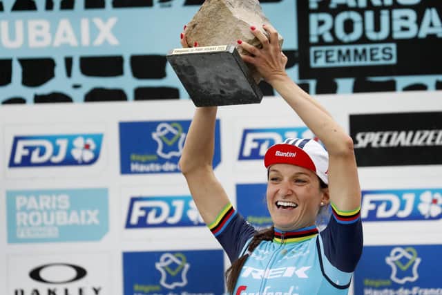 Lizzie Deignan on winning Paris Roubaix Femmes "I looked behind and saw there was a gap, and thought, 'well, at least if I'm in front they have to chase me, so I just kept going'." (Picture: CorVos/SWPix.com)
