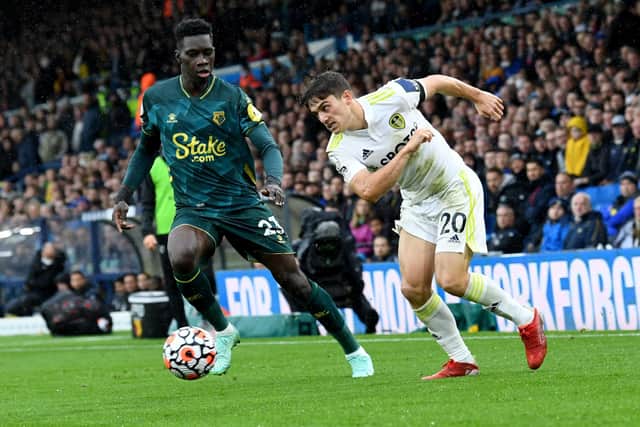 Leeds United's Dan James is challenged by Watford's Ismaila Sarr.  (Picture: Simon Hulme)