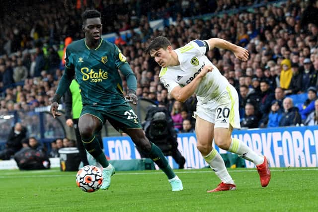Dan James is challenged by Ismaila Sarr as Leeds United defeated Watford (Picture: Simon Hulme)