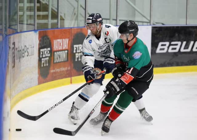 Sheffield Steeldogs' captain Lewis Bell battles on the boards with Basingstoke Bison's Hallam Wilson at Ice Sheffield on Sunday night. Picture courtesy of Peter Best.