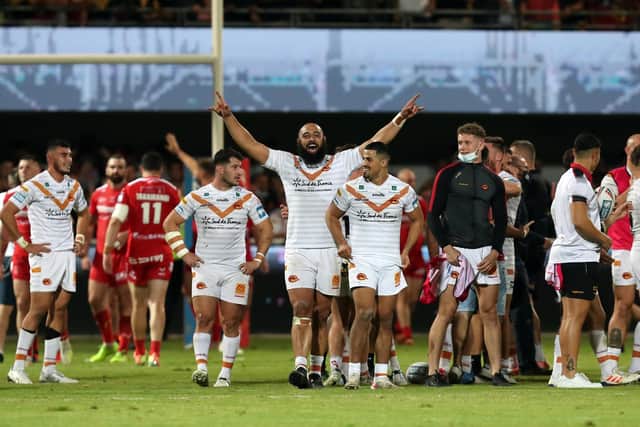 Sam Kasiano of Dragons Catalans celebrates victory over Hull KR (Picture: Manuel Blondeau/SWpix.com)