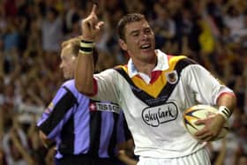 Hat-trick hero: Mick Withers celebrates scoring one of three tries he scored in an opening salvo by Bradford Bulls that blew Wigan Warriors away in the 2001 Grand Final. (Picture:Bruce Rollinson)