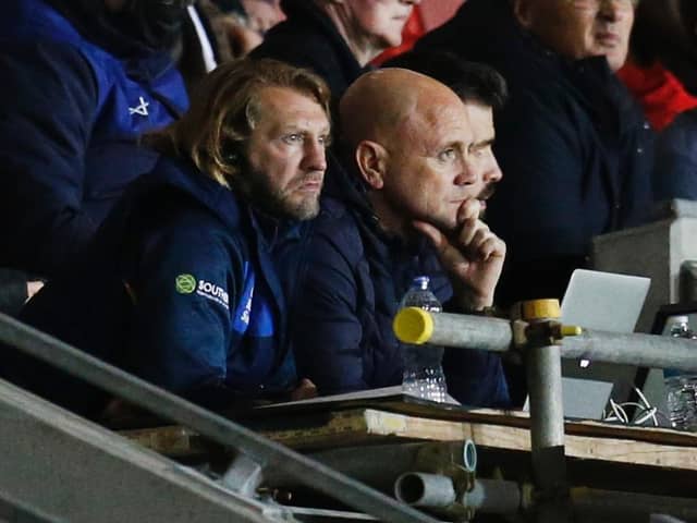 Leeds Rhinos' assistant Sean Long, left, and head coach Richard Agar look on as their side lose against St Helens in last week's semi-final loss. (Ed Sykes/SWpix.com)