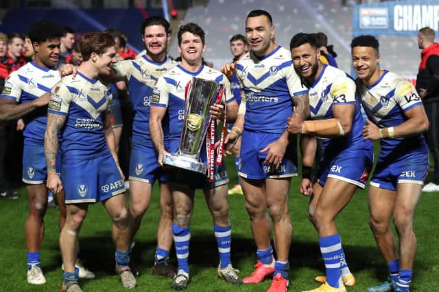 St Helens celebrate with the trophy after winning the Super League Grand Final at the KCOM Stadium Picture: Martin Rickett/PA