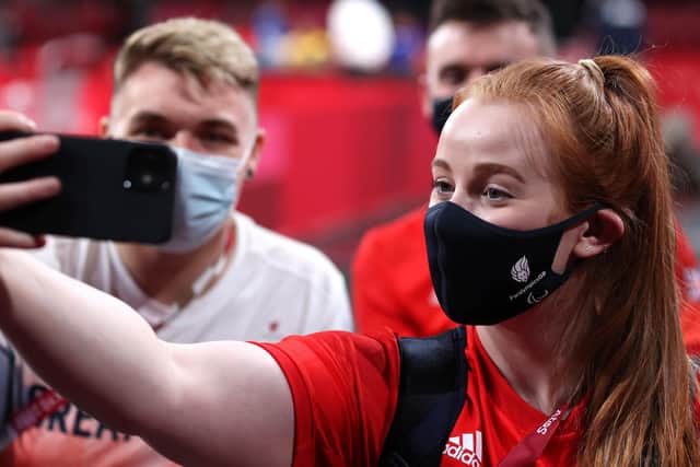Megan Shackleton of Team Great Britain takes a selfie with team mates during a table tennis practice session ahead of the Tokyo 2020 Paralympic Games in Tokyo, Japan. (Picture: Alex Pantling/Getty Images)