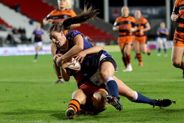 Leeds Rhinos' Fran Goldthorpe scores her second try during the 2019 Women's Super League Grand Final. Picture: PA