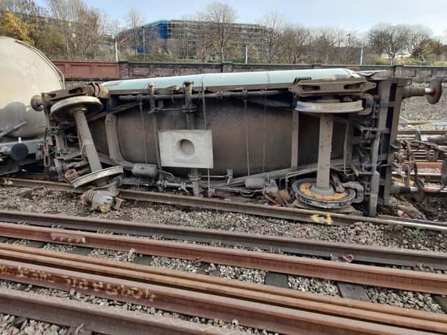 A wagon which flipped onto its side after a train derailed in Sheffield in November 2020