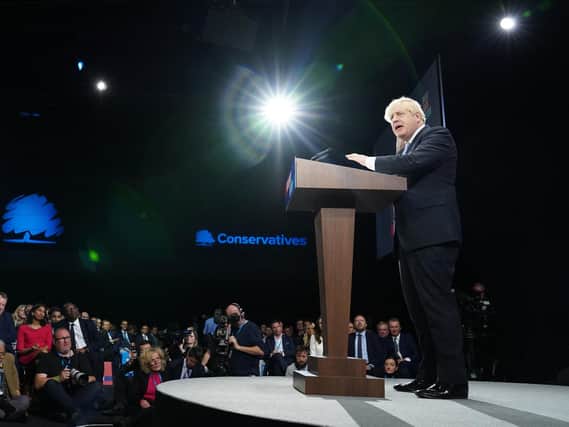 Prime Minister Boris Johnson delivers his keynote speech at the Conservative Party Conference in Manchester (PA)