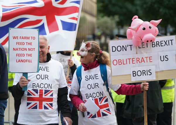 Pig farmers protesting outside the Conservative Party Conference in Manchester.  Nick Allen, chief executive of the British Meat Processors Association, has said he was "surprised" that Prime Minister Boris Johnson appeared to be unaware of problems facing pig farmers when questioned on the BBC's The Andrew Marr Show, later telling Sky News that tens of thousands of butchers are needed and the training period for each is around 18 months.