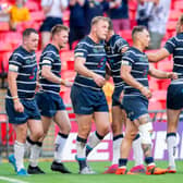 Featherstone celebrate a try against York in their 1895 Cup final win at Wembley earlier this year. Picture by Allan McKenzie/SWpix.com