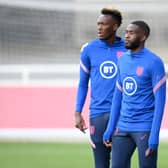Tammy Abraham and Fikayo Tomori look on during a training session at St Georges Park. (Photo by Michael Regan/Getty Images)