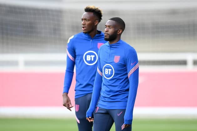 Tammy Abraham and Fikayo Tomori look on during a training session at St Georges Park. (Photo by Michael Regan/Getty Images)
