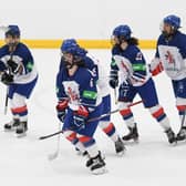 Abbie Culshaw (No 6) celebrates scoring against Slovenia at the World Championships in 2019. Picture courtesy of Ice Hockey UK.