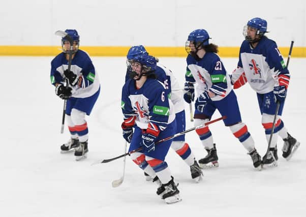 Abbie Culshaw (No 6) celebrates scoring against Slovenia at the World Championships in 2019. Picture courtesy of Ice Hockey UK.