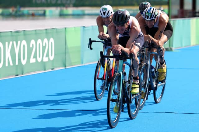 ON THE CHARGE: Jonny Brownlee on the bike during the Mixed Relay Triathlon on day eight of the Tokyo 2020 Olympic Games. Picture: Leon Neal/Getty Images.