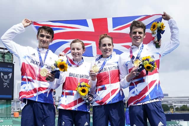 GOLDEN DISPLAY: Great Britain's Jonny Brownlee, far right, with gold medal-winning mixed relay team-mates; Alex Yee, Georgia Taylor-Brown and Jessica Learmonth at the Tokyo Olympics. Picture: Danny Lawson/PA Wire.