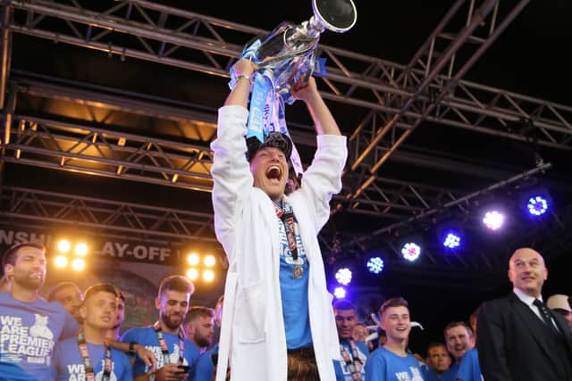 Huddersfield Town's Michael Hefele on stage during the promotion parade in Huddersfield. (Picture: Richard Sellers/PA Wire)